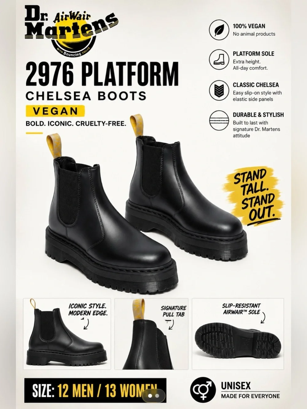 Dr. Marten Unisex Vegan 2976 Platform Chelsea Boots in black, US Size 12 Men/13